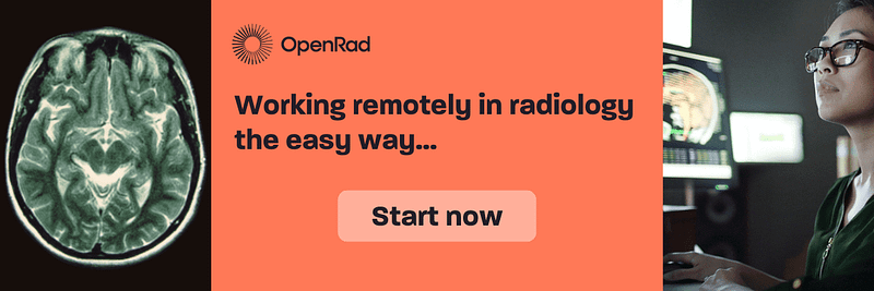 Banner saying OpenRad Working remotely in radiology the easy way | with images of brain scan and female teleradiologist | Stress management